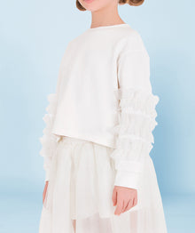  Ruffle Tulle Sleeve Ecru Sweatshirt