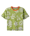 Green t-shirt with flower prints and orange neck detail