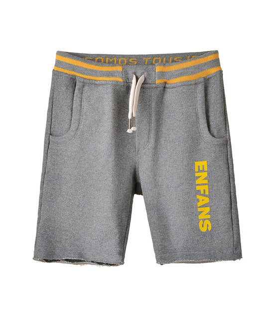 Grey Enfans shorts with yellow lines on the waist