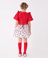 Elegant girls' red ruffle top and floral skirt ensemble – Unique design with a bold bow detail, ideal for holiday or party wear
