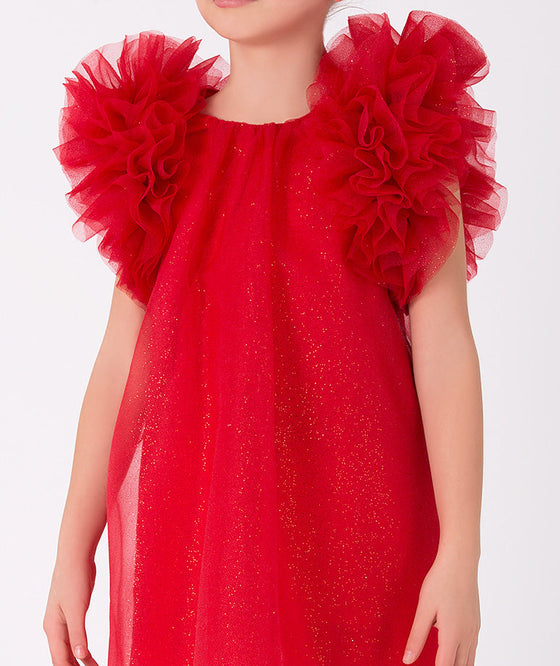 Elegant red girls' dress with sparkling tulle and bold shoulder ruffles – This glamorous dress features glittery tulle fabric and striking ruffle accents, ideal for festive occasions