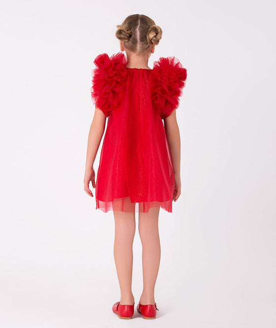 Red party dress for girls with eye-catching ruffled shoulders – A chic red dress adorned with statement ruffle shoulders, offering a unique and playful style