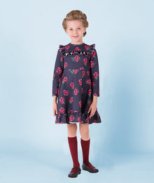  navy dress with beautiful burgundy roses print and ruffle details