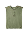 Green sleeveless t-shirt with buttons, green graphics, and a lizard print on the back
