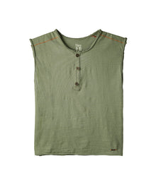  Green sleeveless t-shirt with buttons, green graphics, and a lizard print on the back