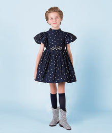  Navy balloon-sleeved dress with sparkling star belt