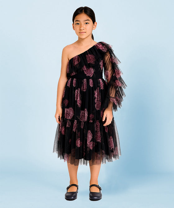 One-Shoulder Tulle Detail Dress | SIZE 5-6