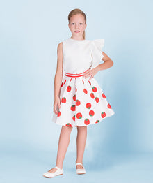  Girls' white pleated skirt with playful red tomato print, perfect for summer fashion