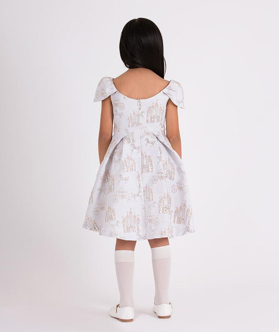 Castle print off-shoulder dress for girls with a flattering bow detail, designed for parties and events