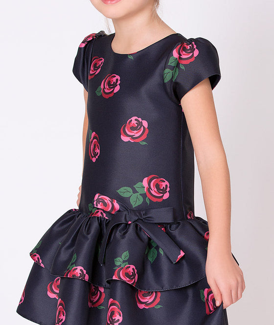 cute navy dress with red rose prints and a little bow on the waist