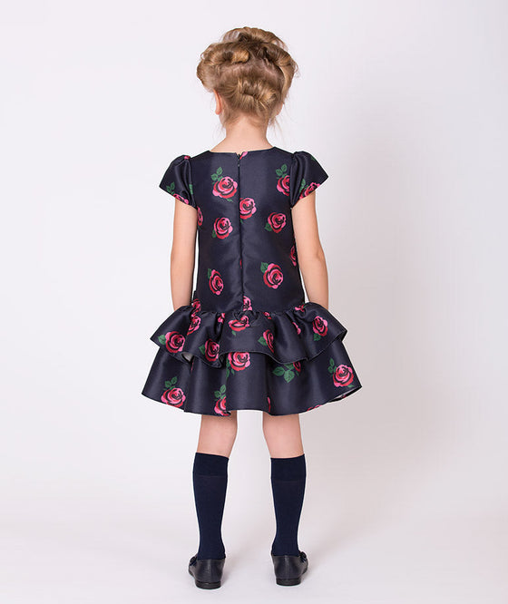 navy flared red rose printed dress