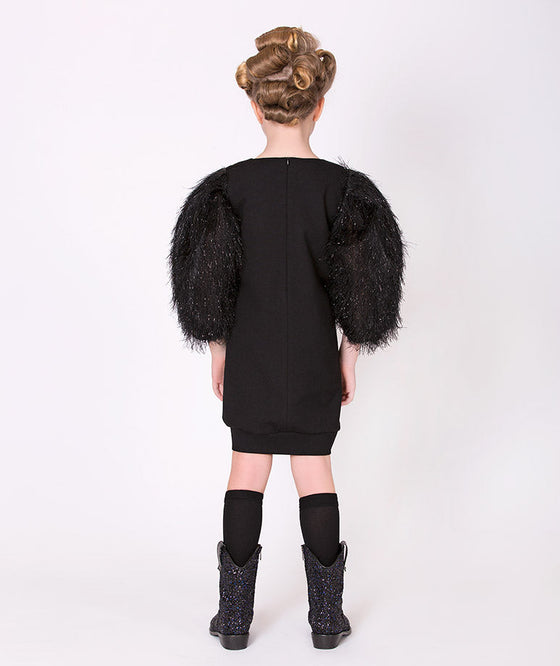 black tassel dress with feather sleeves