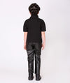a set of a black tassel blouse with faux leather pants