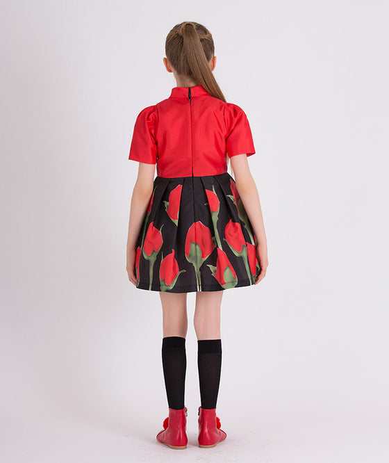 red and black dress with red rosebud prints