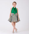 Cute green blouse and a flared skirt with colorful jacquard prints and a bow on the waist